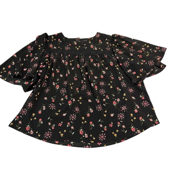 Lane Bryant Black Floral Lace Trim Flutter Sleeve Blouse | Size 26 Plus - Picture 1 of 8